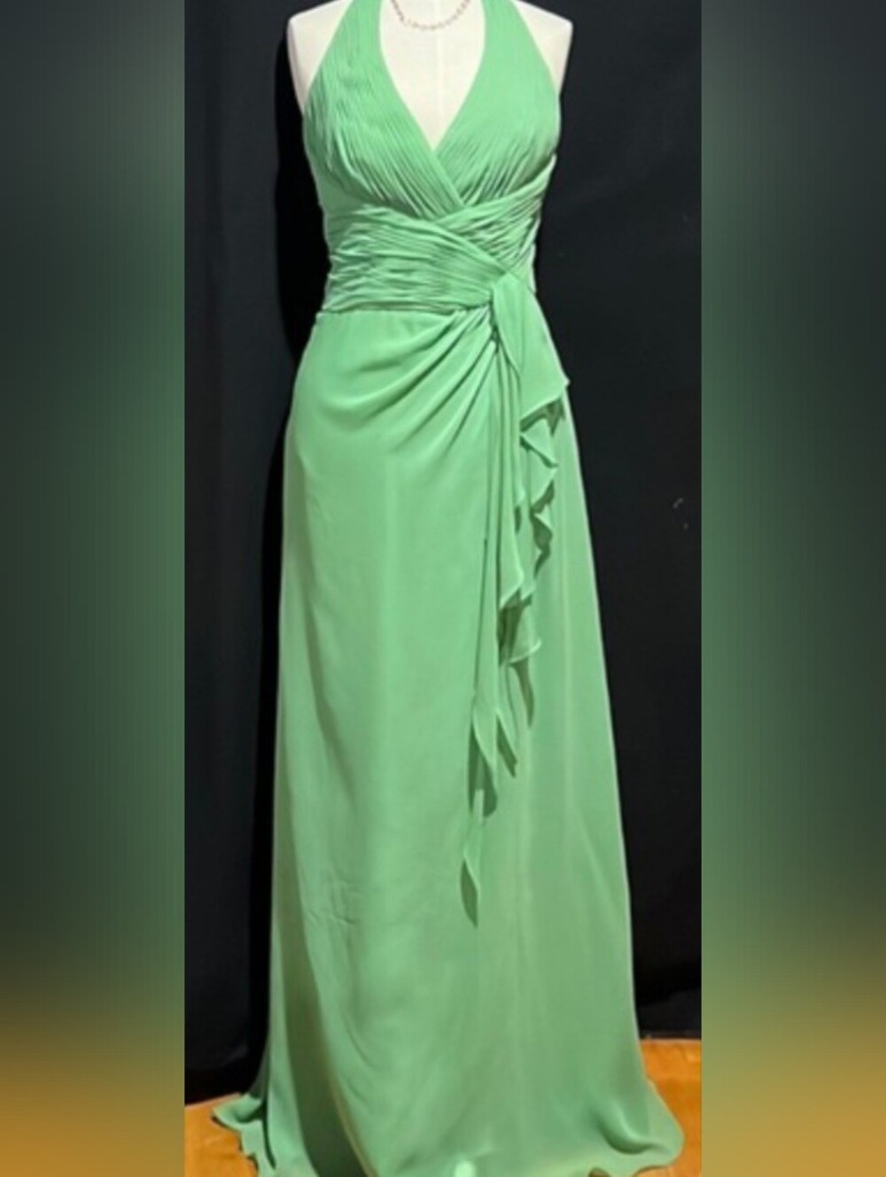 David's Bridal Light Green Halter Ruffle Maxi Dress